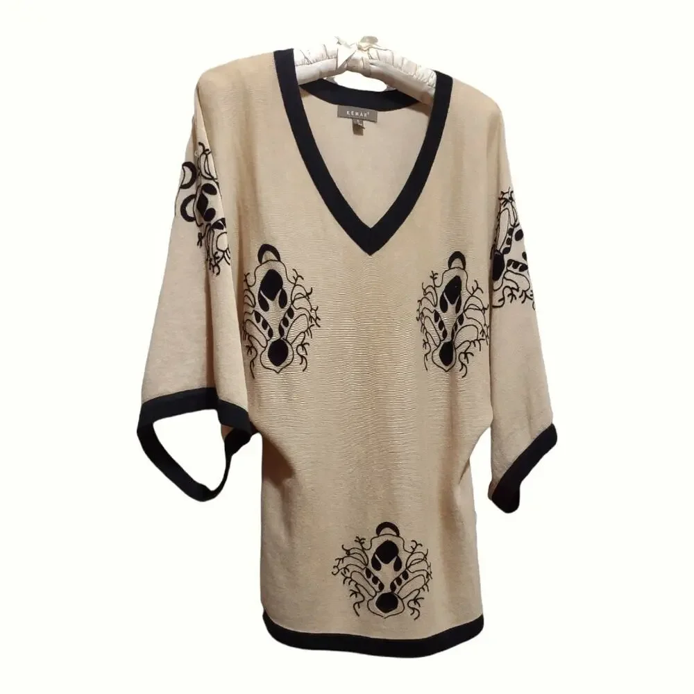 KENAR Kimono Style Sweater Top Tan & Black with Embroidered Size S Cozy Vintage